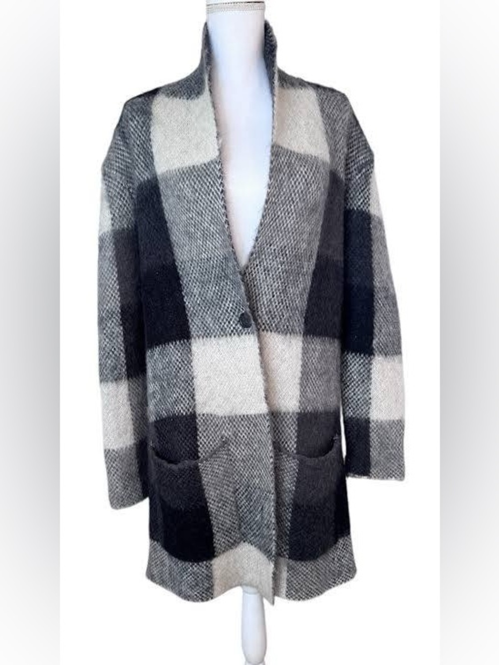 American Eagle Outfitters Black & Gray Plaid Open Mohair Wool Blend Cardigan